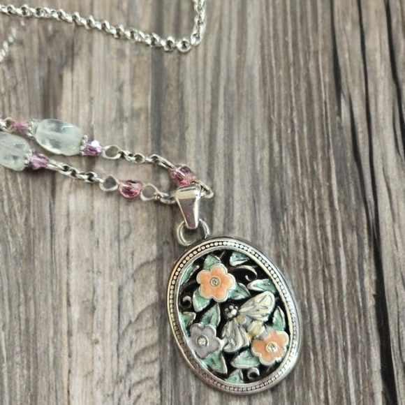 Silver and Pink Floral Pendant Necklace - Picture 2 of 2